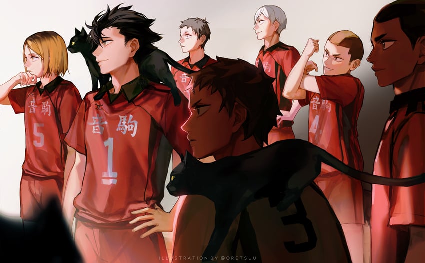 kuroo tetsurou, kozume kenma, haiba lev, yaku morisuke, yamamoto taketora, and 2 more (haikyuu!!) drawn by oretsuu