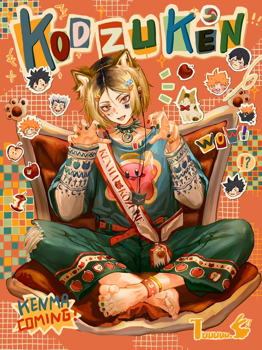 kirby, hinata shouyou, bokuto koutarou, kuroo tetsurou, kozume kenma, and 1 more (kirby and 1 more) drawn by tuuuuuututu