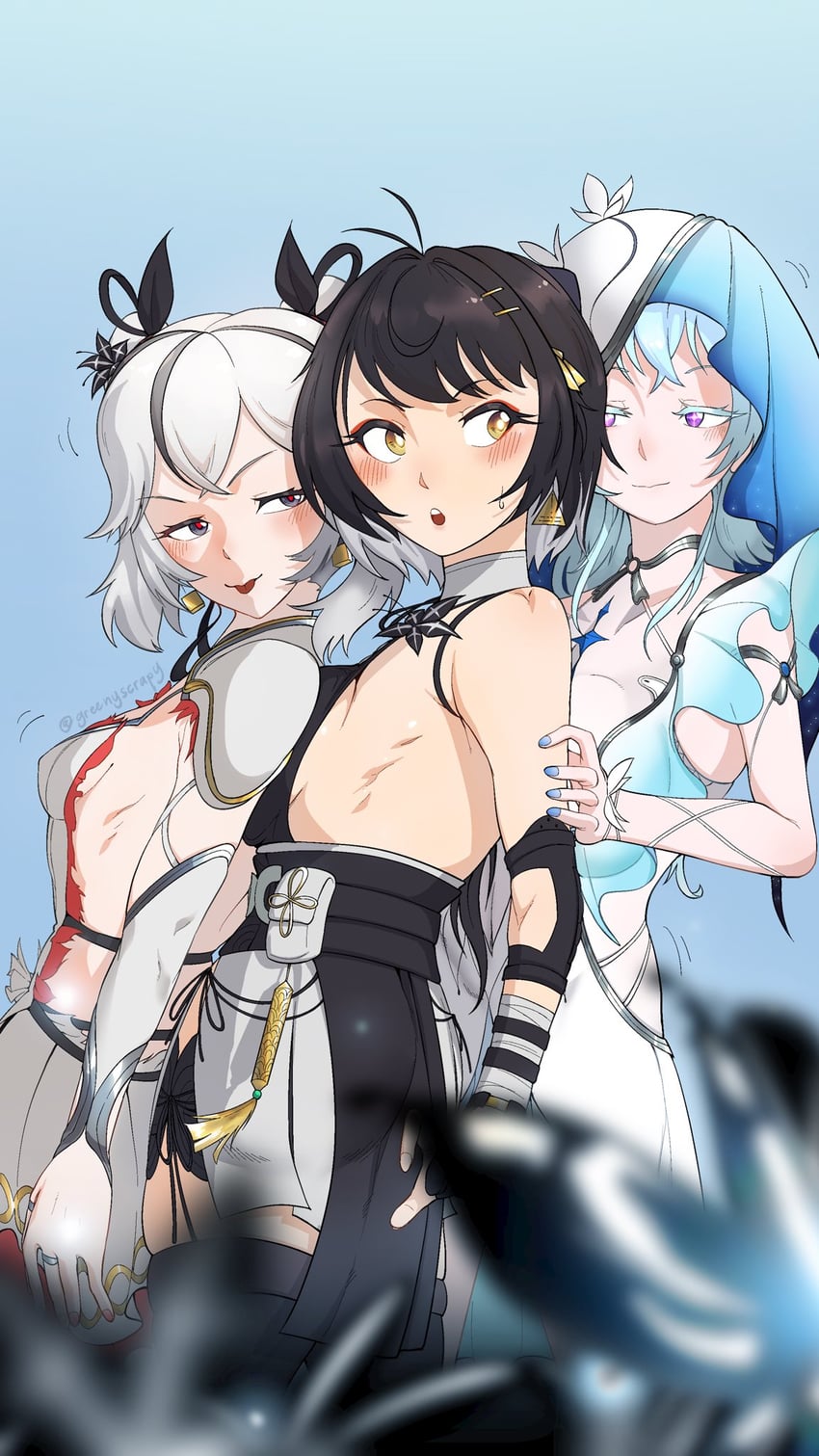 rover, female rover, camellya, and shorekeeper (wuthering waves) drawn by scrapy_(greenyscrapy)