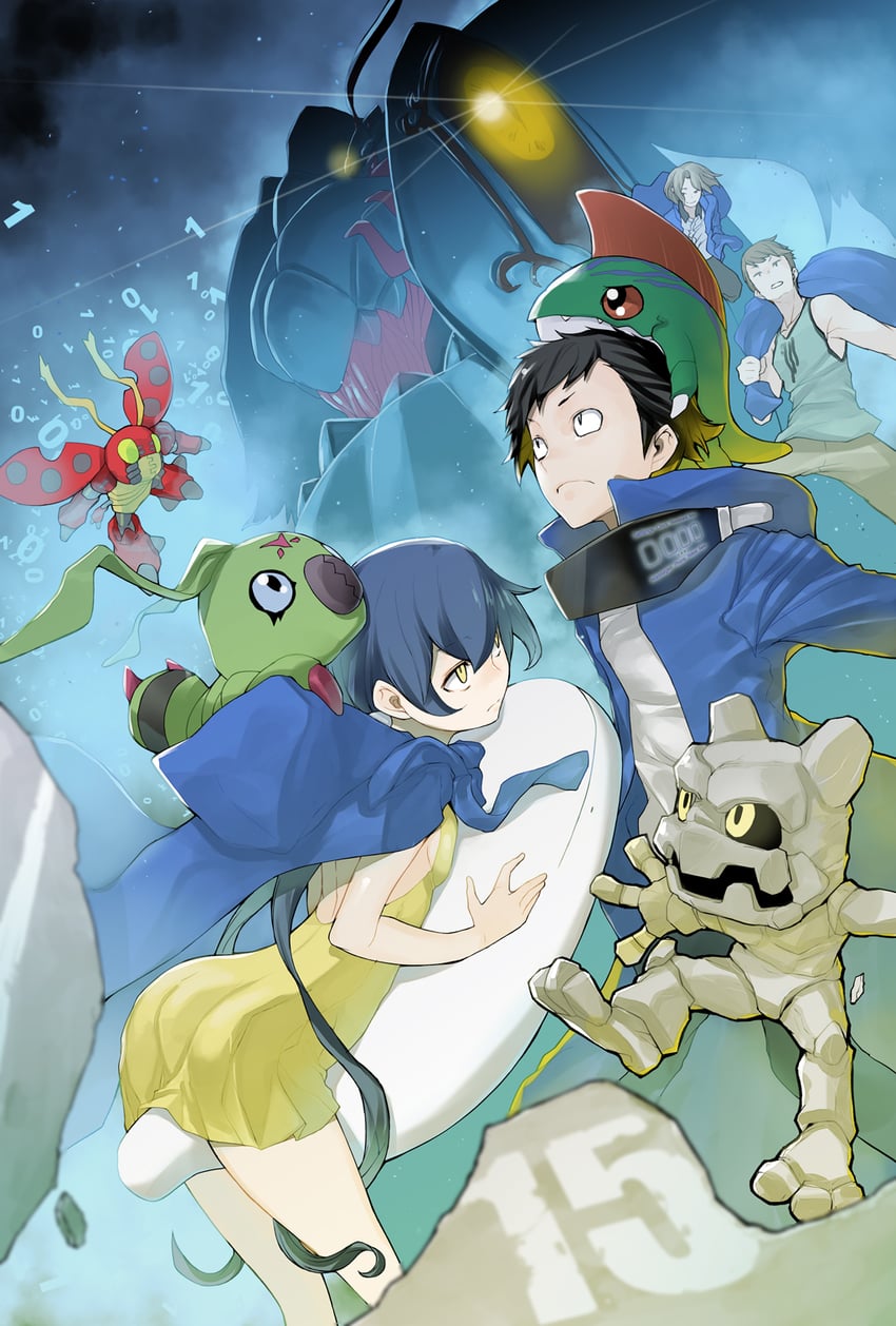 tentomon, wormmon, betamon, gottsumon, mishima erika, and 2 more (digimon and 2 more) drawn by yasuda_suzuhito