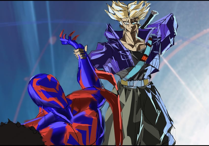 trunks, miguel o'hara, spider-man, and miles morales (dragon ball and 4 more) drawn by venommoe