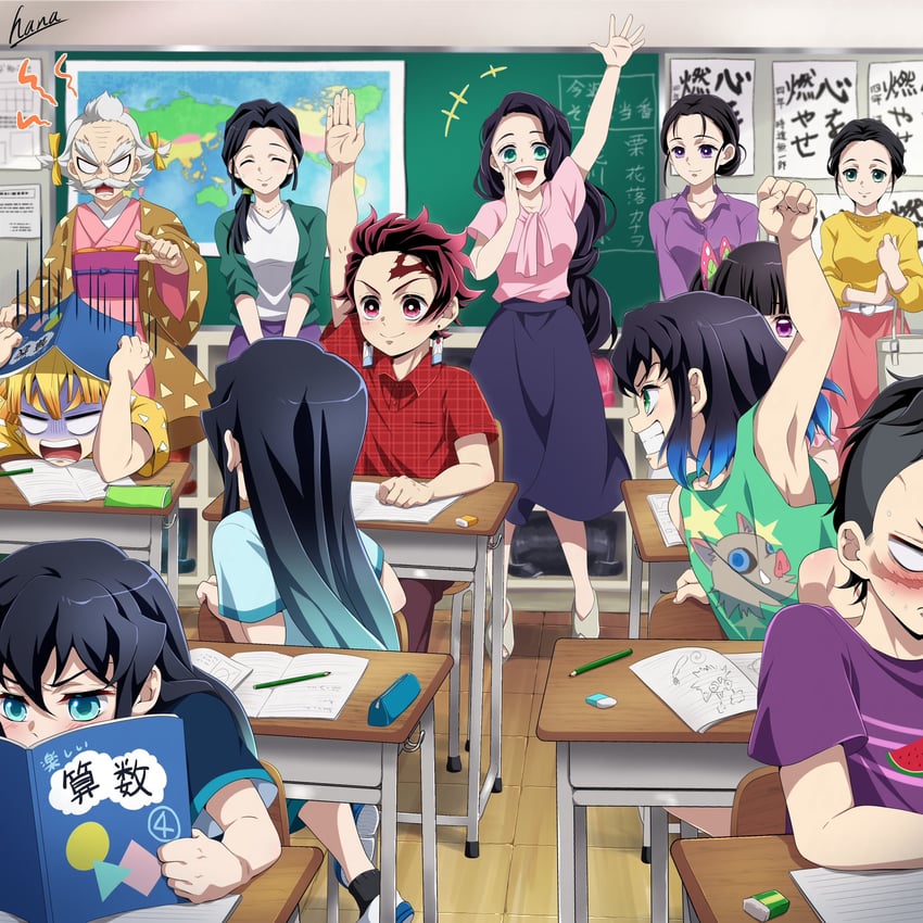 kamado tanjirou, tsuyuri kanao, hashibira inosuke, tokitou muichirou, shinazugawa genya, and 3 more (kimetsu no yaiba) drawn by hana_ni_nare