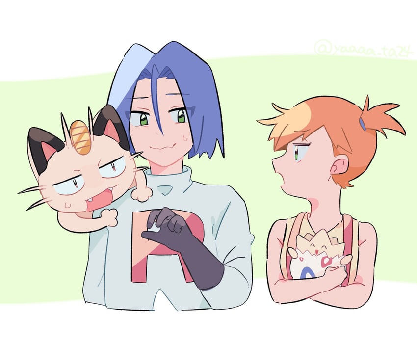 misty, james, meowth, and togepi (pokemon) drawn by yaaaa_ta24