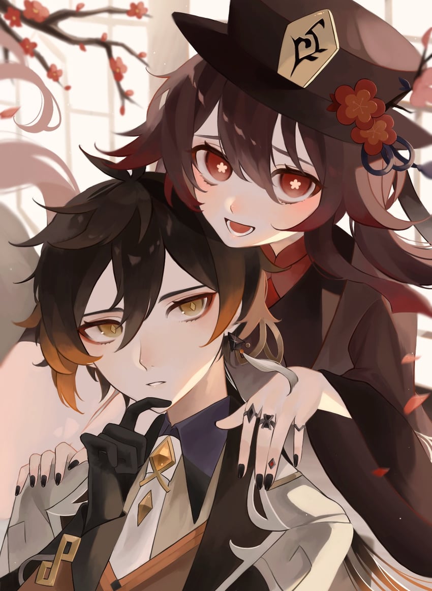 hu tao and zhongli (genshin impact) drawn by mo_tea42