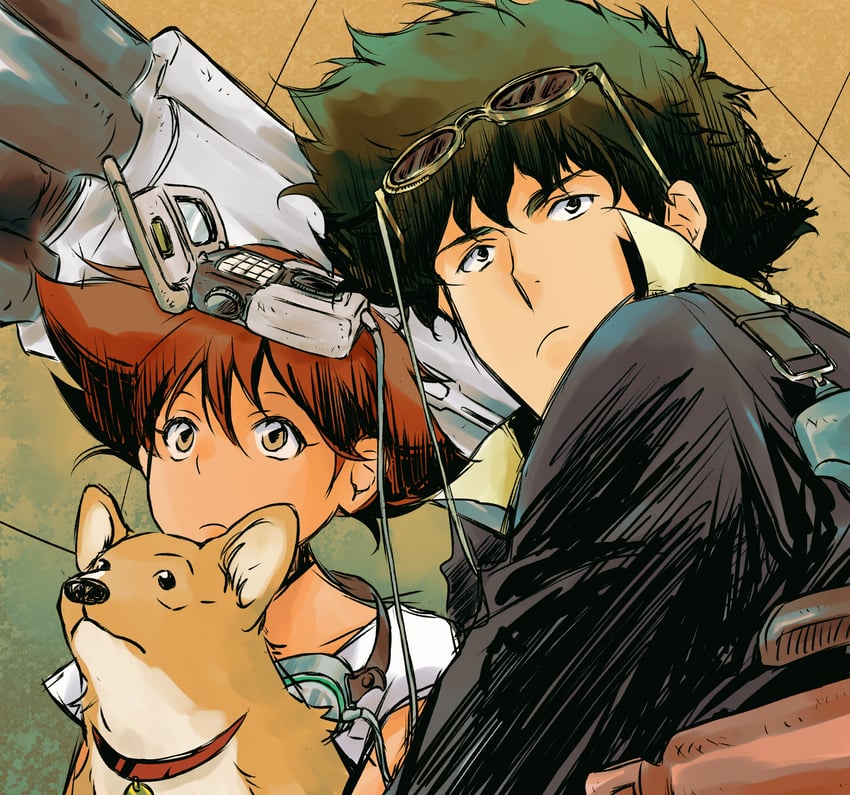 spike spiegel, edward wong hau pepelu tivrusky iv, and ein (cowboy bebop) drawn by tobalin