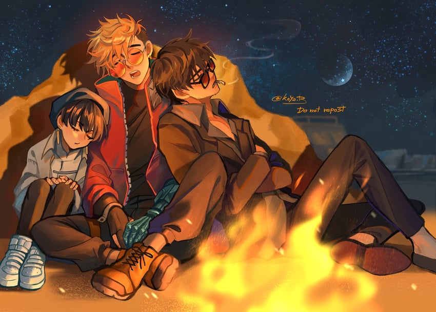 vash the stampede, nicholas d. wolfwood, and meryl stryfe (trigun and 1 more) drawn by koyaya