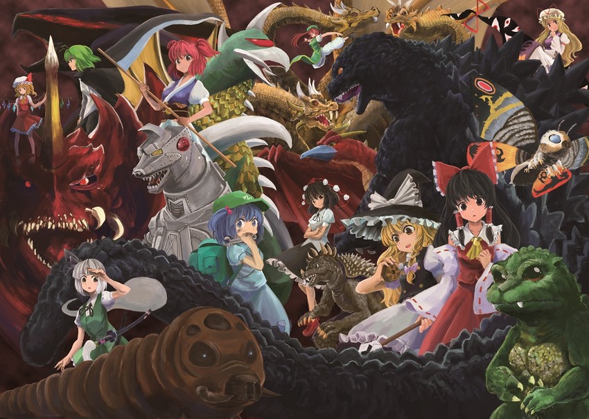 hakurei reimu, kirisame marisa, flandre scarlet, konpaku youmu, yakumo yukari, and 15 more (touhou and 1 more) drawn by harikona