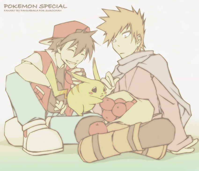 pikachu, red, blue oak, and pika (pokemon and 1 more) drawn by pandabaka