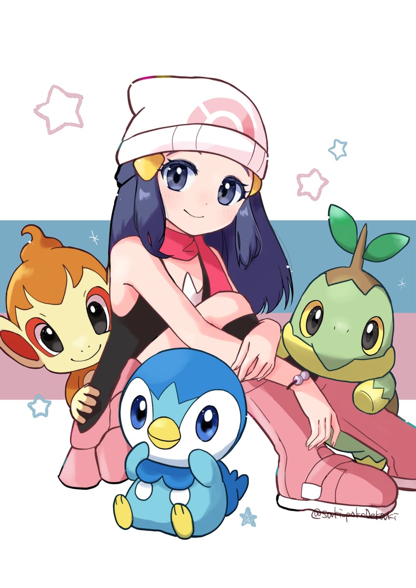 dawn, piplup, turtwig, and chimchar (pokemon and 1 more) drawn by saki_pokeoekaki