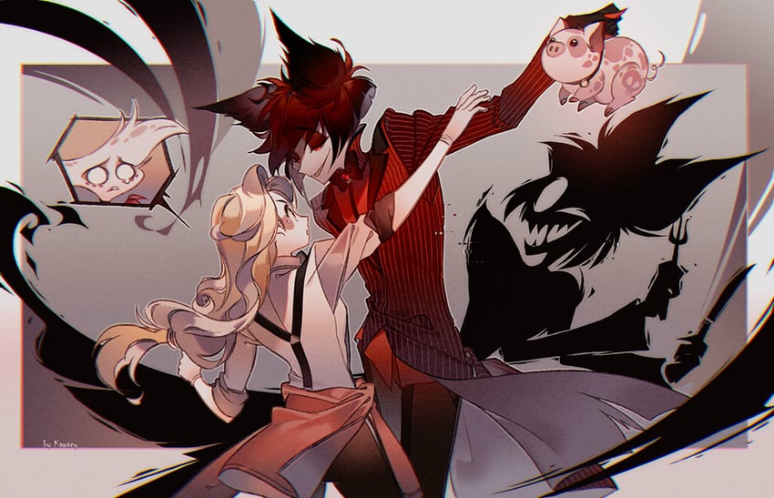 charlie morningstar, alastor, angel dust, and fat nuggets (hazbin hotel) drawn by kawacy