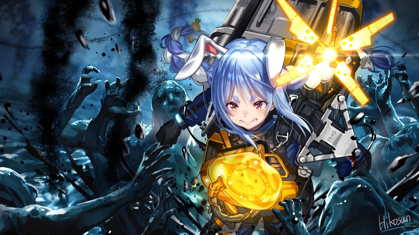 usada pekora, don-chan, sam porter bridges, bb-28, and beached thing (hololive and 1 more) drawn by hikosan