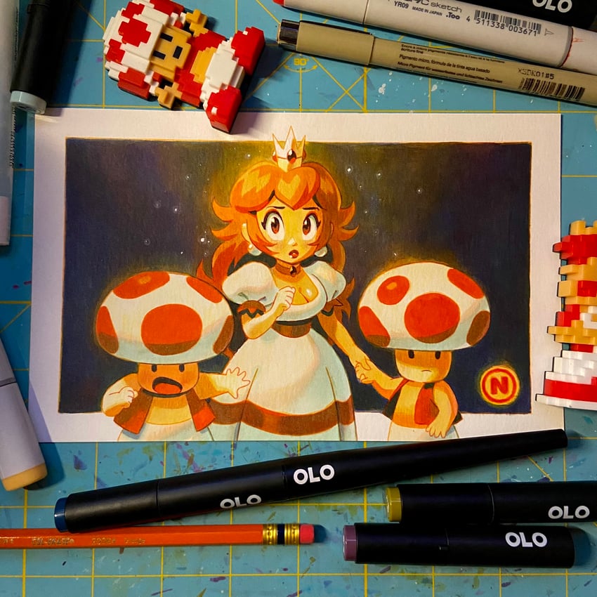 princess peach and toad (mario and 1 more) drawn by nuri_durr