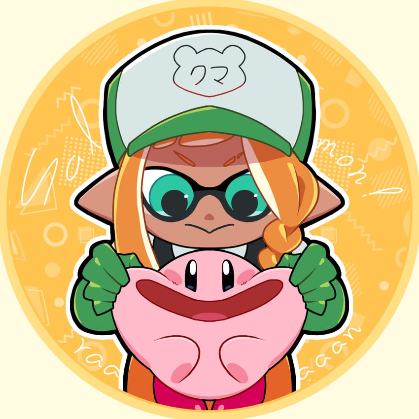 inkling player character, inkling girl, and kirby (splatoon and 2 more) drawn by kashiwa_(ksw04270mochi)