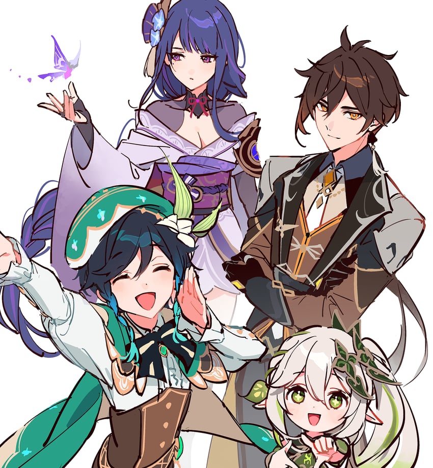 raiden shogun, nahida, zhongli, venti, and crystalfly (genshin impact) drawn by dsmile