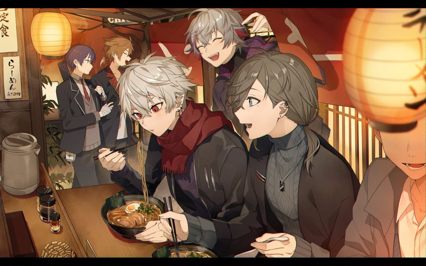kenmochi touya, fuwa minato, fushimi gaku, kanae, and kuzuha (nijisanji) drawn by kiragera