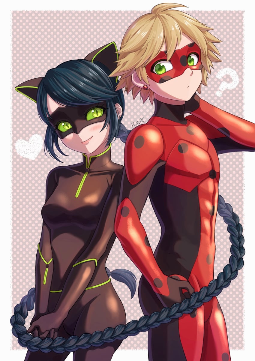 marinette dupain-cheng, adrien agreste, ladybug, and chat noir (miraculous ladybug) drawn by hm89509321