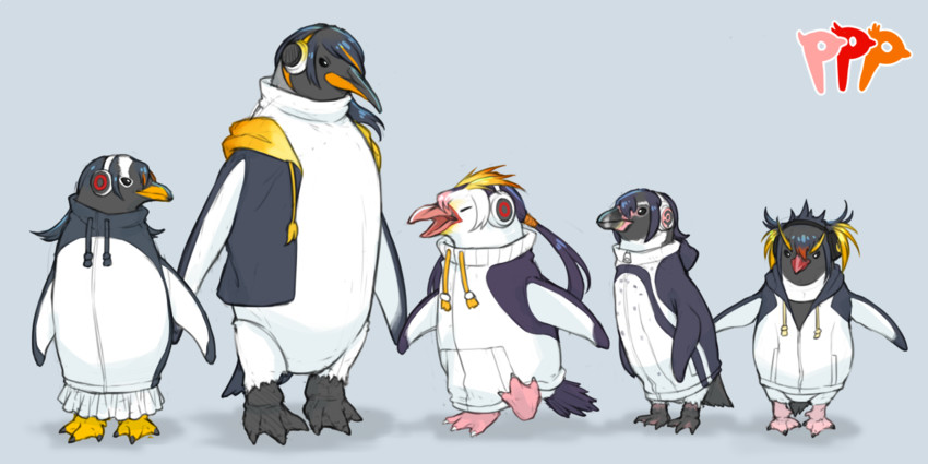 emperor penguin, humboldt penguin, royal penguin, rockhopper penguin, and gentoo penguin (kemono friends) drawn by kemonomichi_(blue_black)