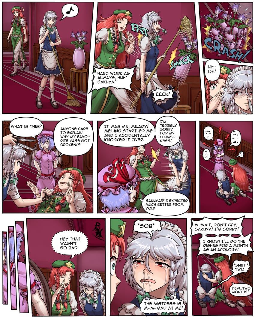 remilia scarlet, izayoi sakuya, and hong meiling (touhou) drawn by buhbuhbored