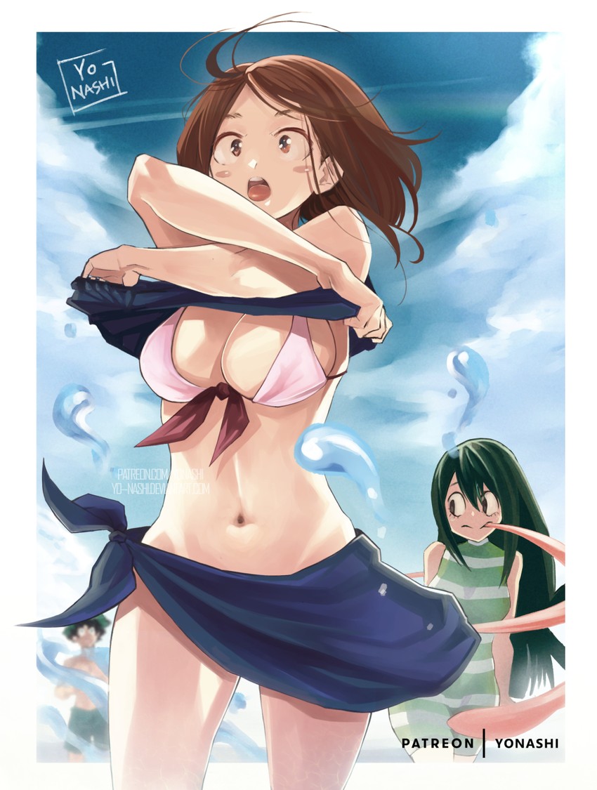 midoriya izuku, uraraka ochaco, and asui tsuyu (boku no hero academia) drawn by yo-nashi