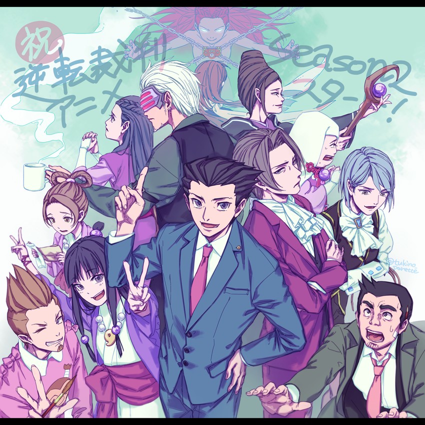 phoenix wright, miles edgeworth, maya fey, franziska von karma, dick gumshoe, and 9 more (ace attorney and 1 more) drawn by tukino_parette