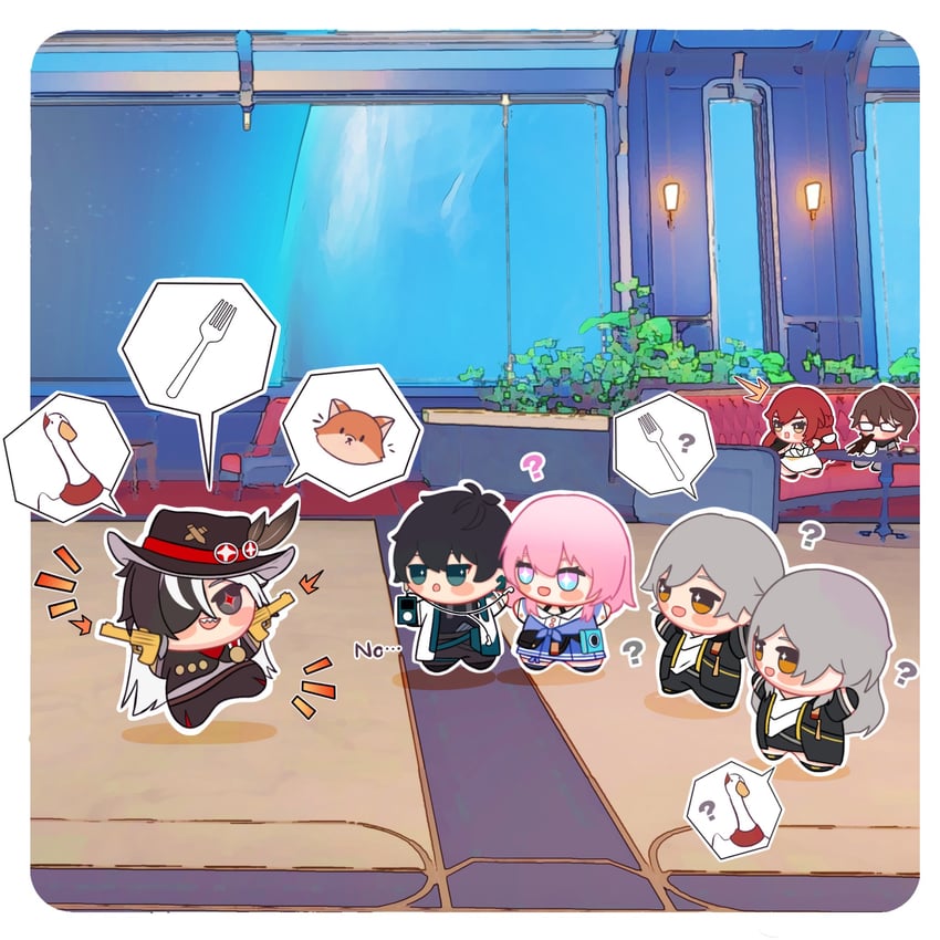 trailblazer, stelle, march 7th, caelus, dan heng, and 3 more (honkai and 1 more) drawn by unosavy