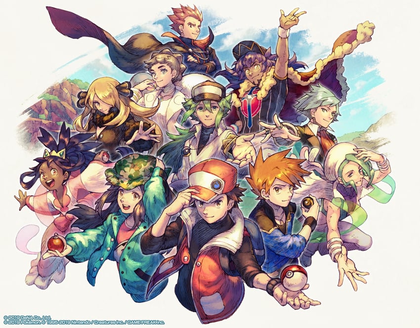 cynthia, red, leon, blue oak, leaf, and 6 more (pokemon and 8 more) drawn by hashibi_rokou