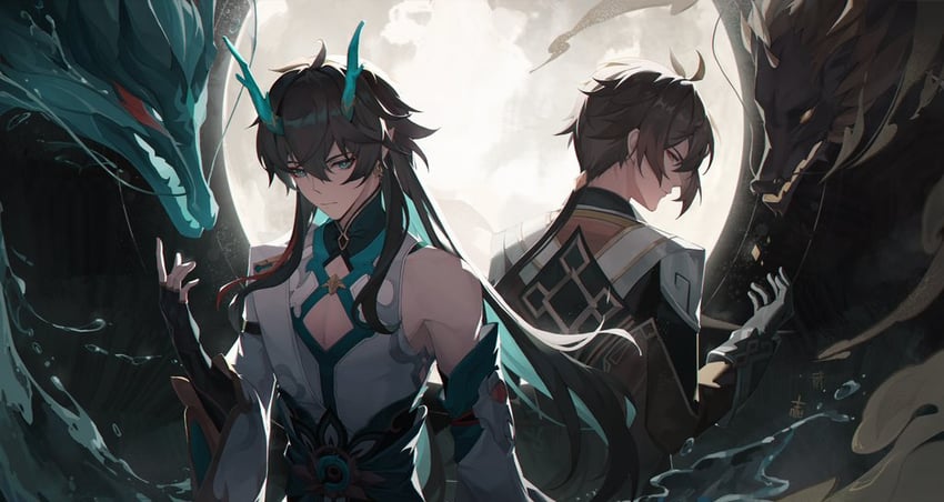 zhongli, dan heng, and rex lapis (genshin impact and 3 more) drawn by zhishuixy