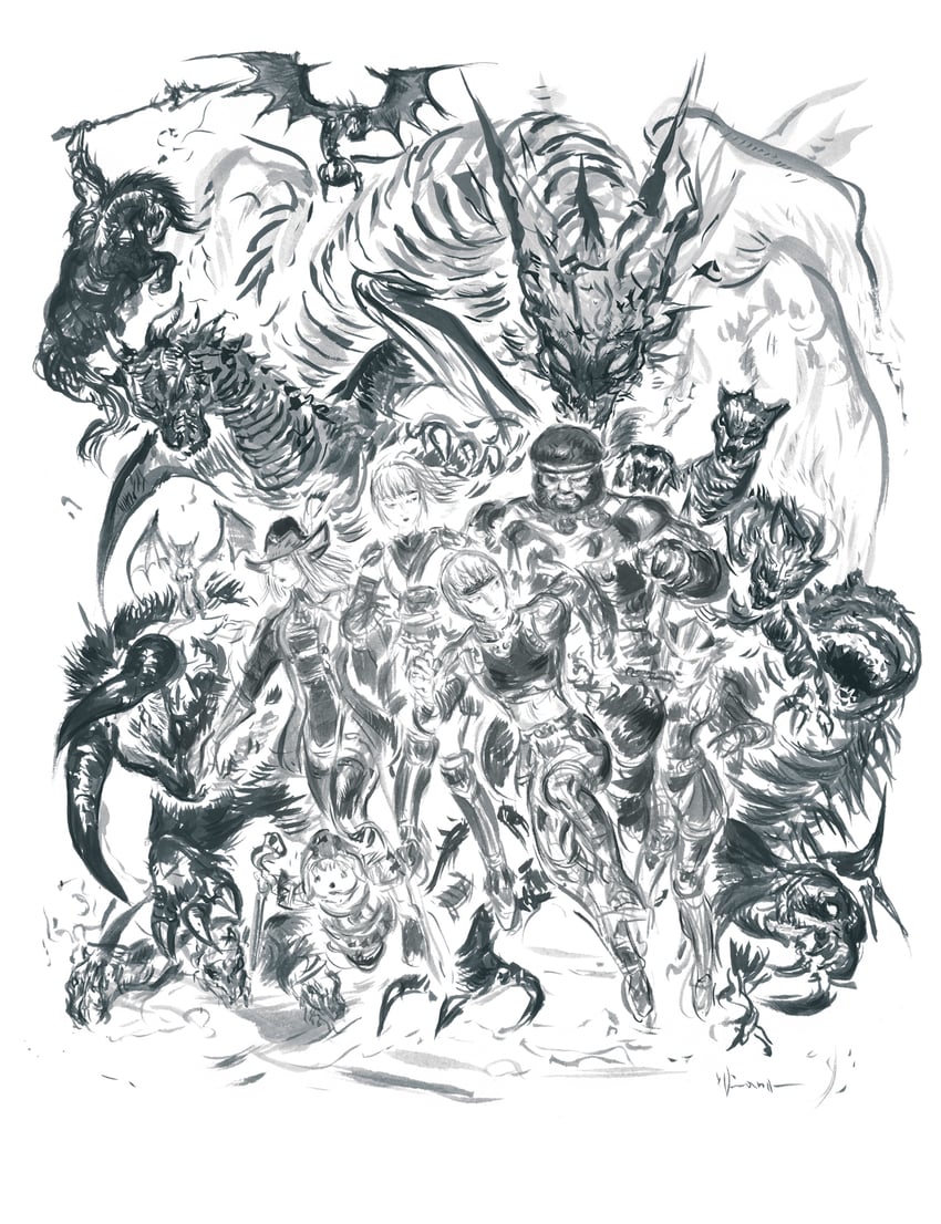 adventurer, white mage, red mage, dragoon, monk, and 5 more (final fantasy and 1 more) drawn by amano_yoshitaka