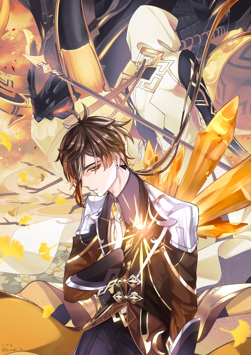 zhongli and azhdaha (genshin impact) drawn by flower_ming_yu