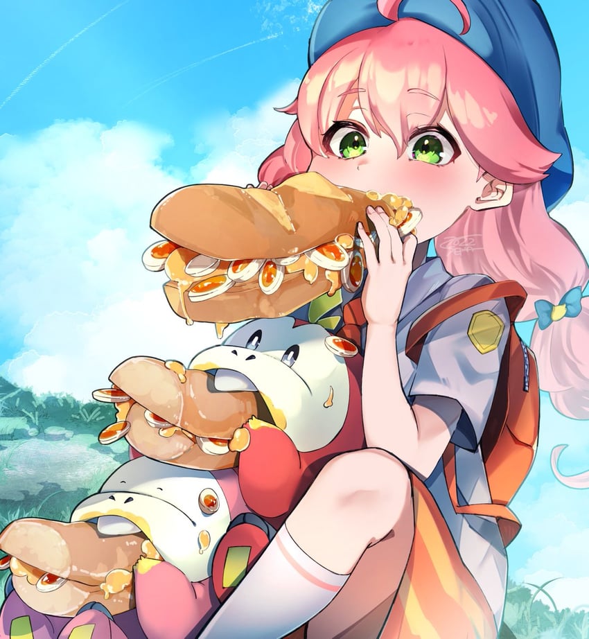 sakura miko, juliana, and fuecoco (pokemon and 2 more) drawn by nyas0123
