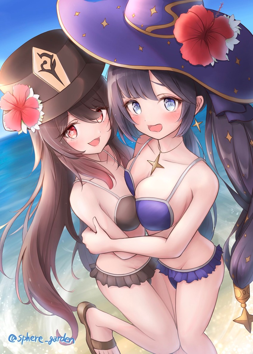 hu tao and mona (genshin impact) drawn by kawasemi_(sphere_garden)