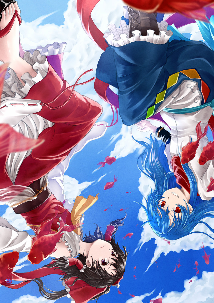 hakurei reimu and hinanawi tenshi (touhou) drawn by judo_fuu