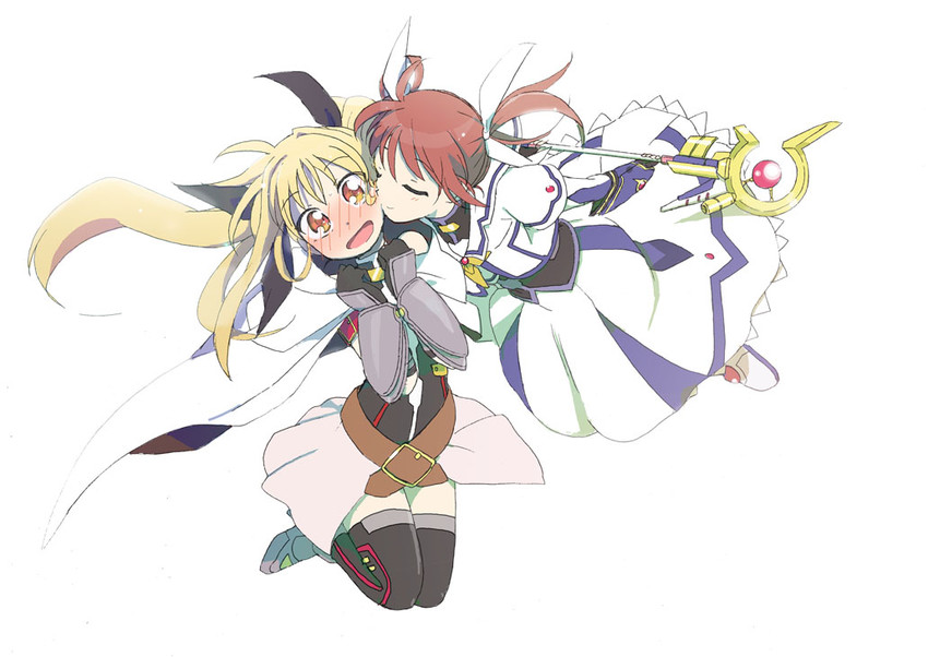 fate testarossa, takamachi nanoha, and raising heart (lyrical nanoha and 3 more) drawn by sari_(ugogome)