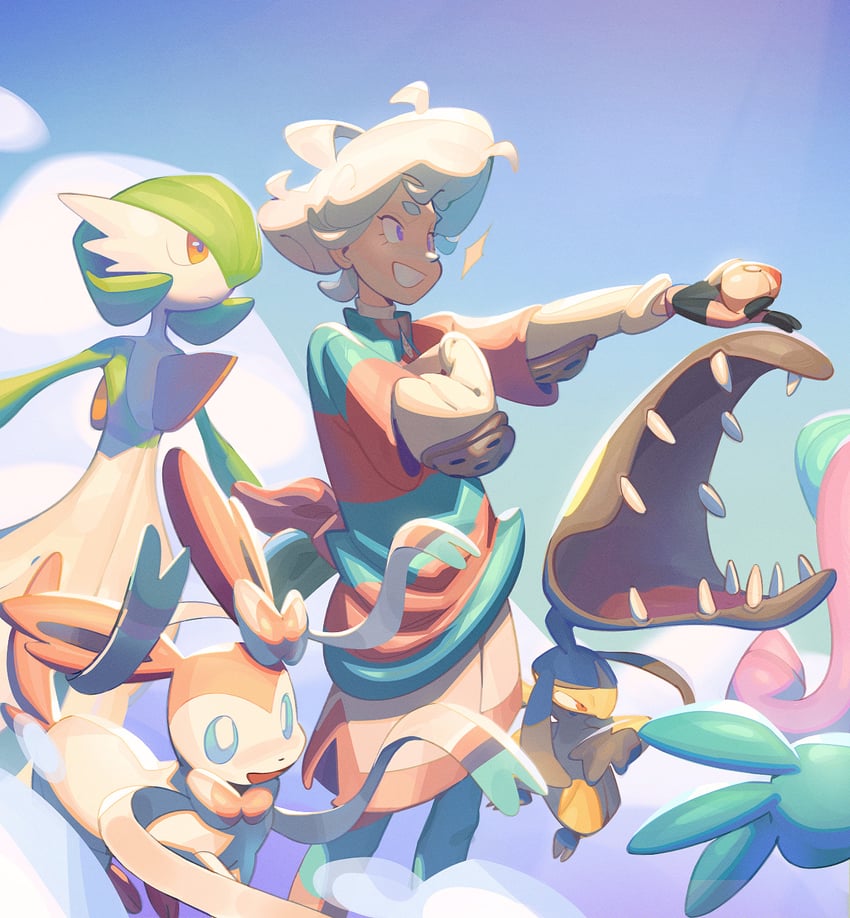 gardevoir, sylveon, bede, and mawile (pokemon and 1 more) drawn by eskey_09