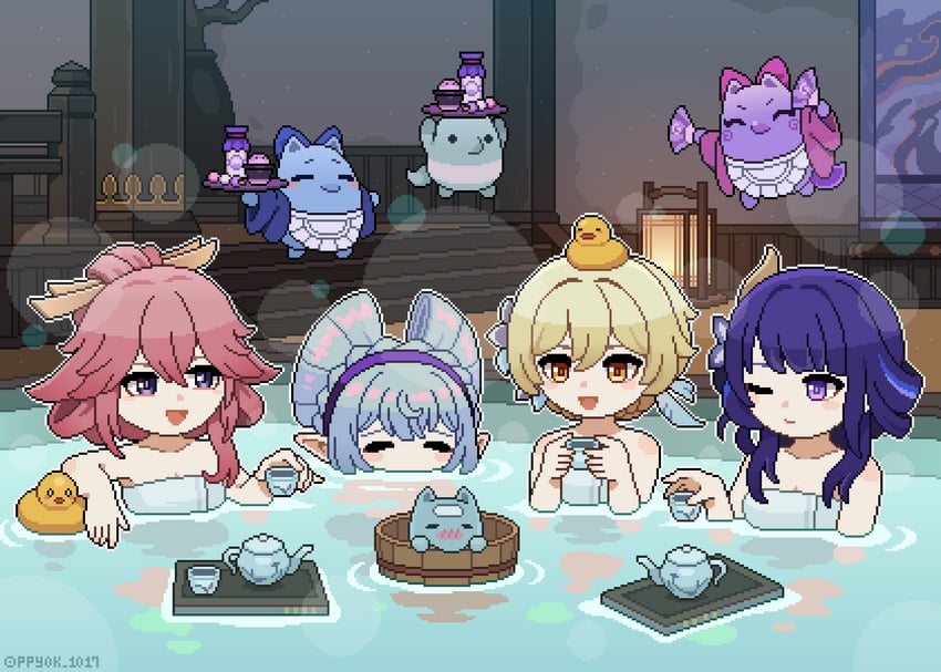 lumine, raiden shogun, yae miko, and yumemizuki mizuki (genshin impact) drawn by ppyok_1017