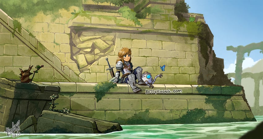 link, korok, and terrako (the legend of zelda and 2 more) drawn by bettykwong
