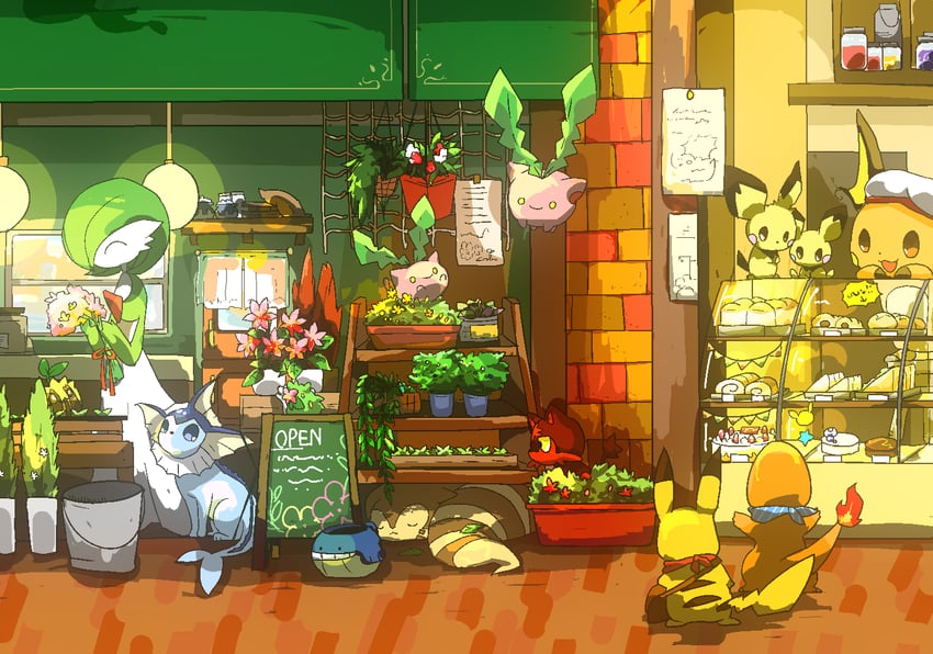 pikachu, gardevoir, vaporeon, charmander, pichu, and 6 more (pokemon) drawn by kura_(shironagasu02)