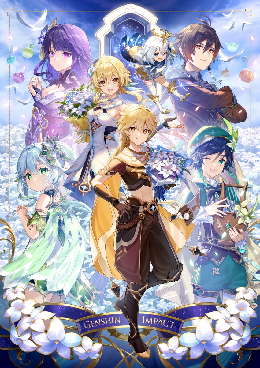 lumine, raiden shogun, aether, nahida, zhongli, and 3 more (genshin impact) drawn by maica_sunahara