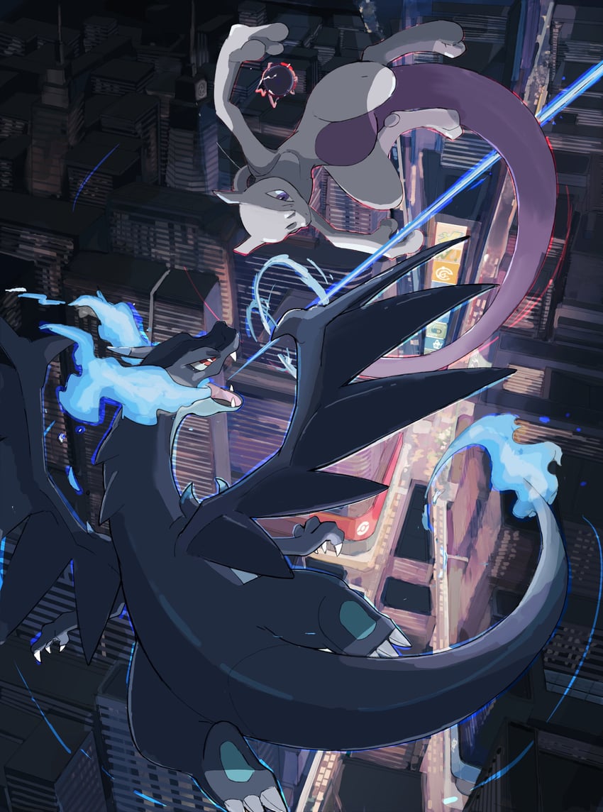 charizard, mewtwo, and mega charizard x (pokemon) drawn by momota_pix