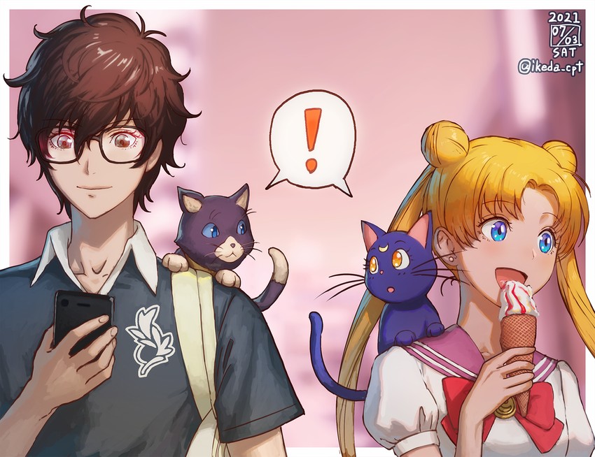 tsukino usagi, amamiya ren, luna, and morgana (persona and 2 more) drawn by ikeda_(cpt)