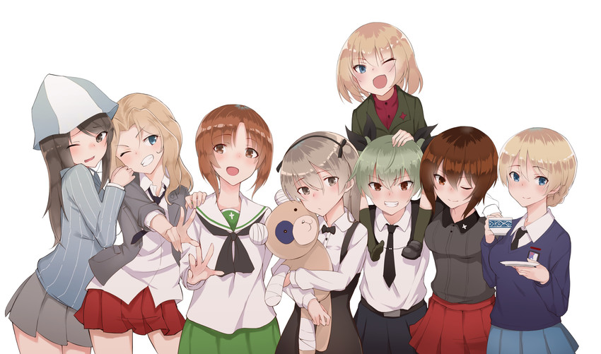 nishizumi miho, darjeeling, nishizumi maho, anchovy, kay, and 4 more (girls und panzer) drawn by aotake_iro
