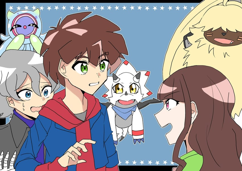 jellymon, gammamon, higashimitarai kiyoshiro, tsukiyono ruli, amanokawa hiro, and 1 more (digimon and 1 more) drawn by zuhana