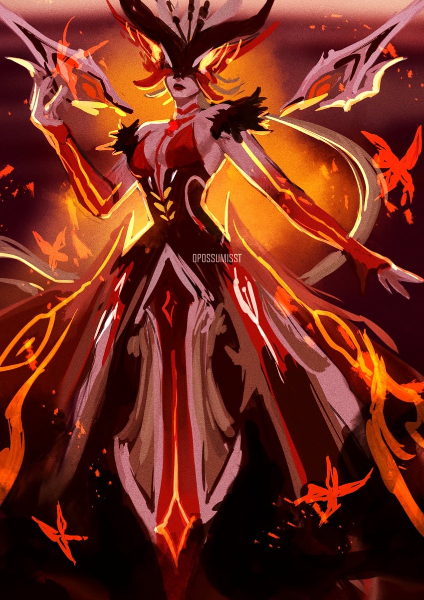 crimson lotus moth and signora (genshin impact) drawn by opossumisst