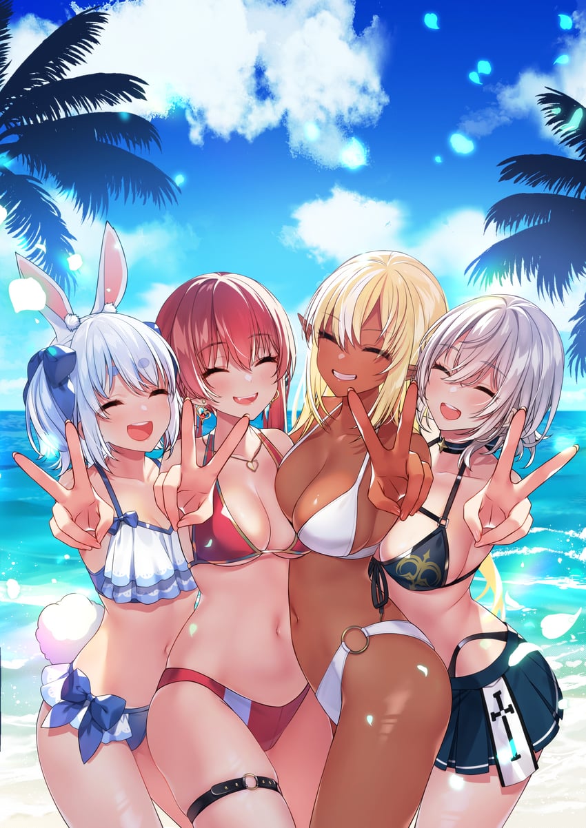 houshou marine, usada pekora, shirogane noel, and shiranui flare (hololive) drawn by kitazume_kumie