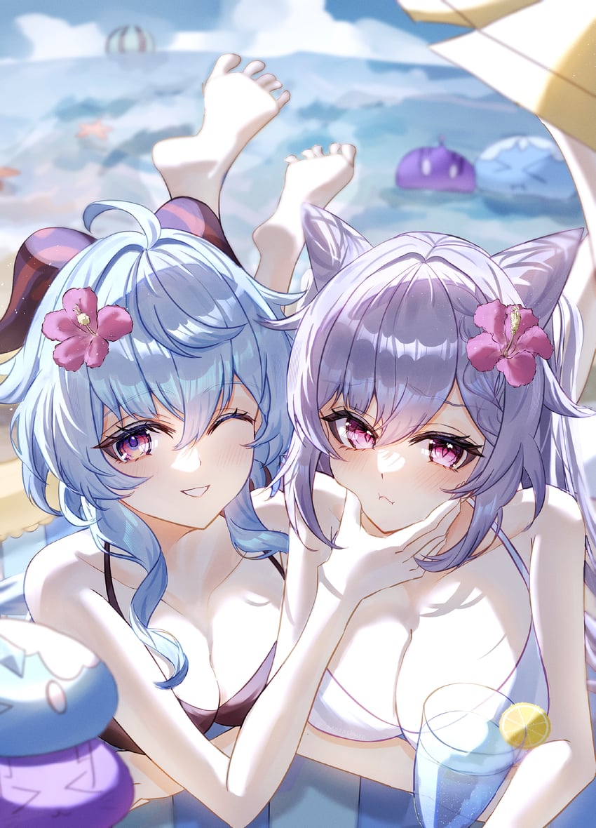 ganyu, keqing, and slime (genshin impact) drawn by maaashuro