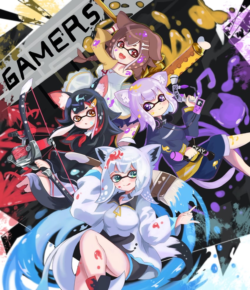 inkling player character, shirakami fubuki, nekomata okayu, ookami mio, and inugami korone (hololive and 2 more) drawn by soma443