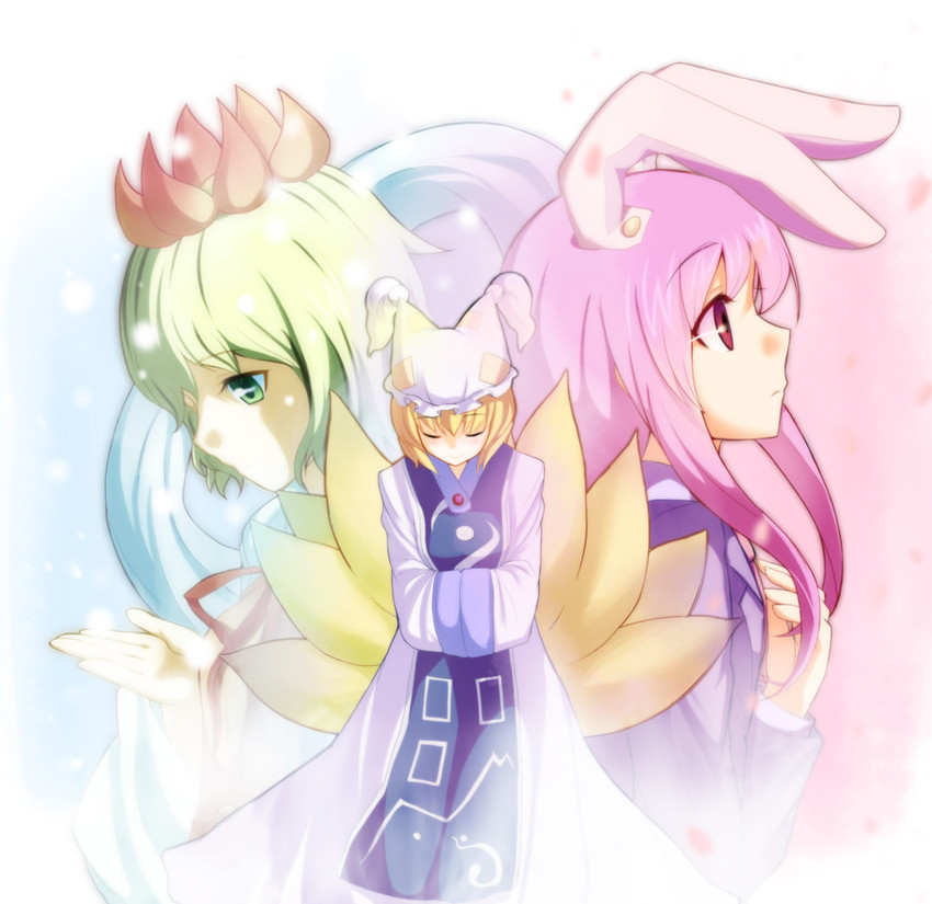 reisen udongein inaba, yakumo ran, and toramaru shou (touhou) drawn by mirino