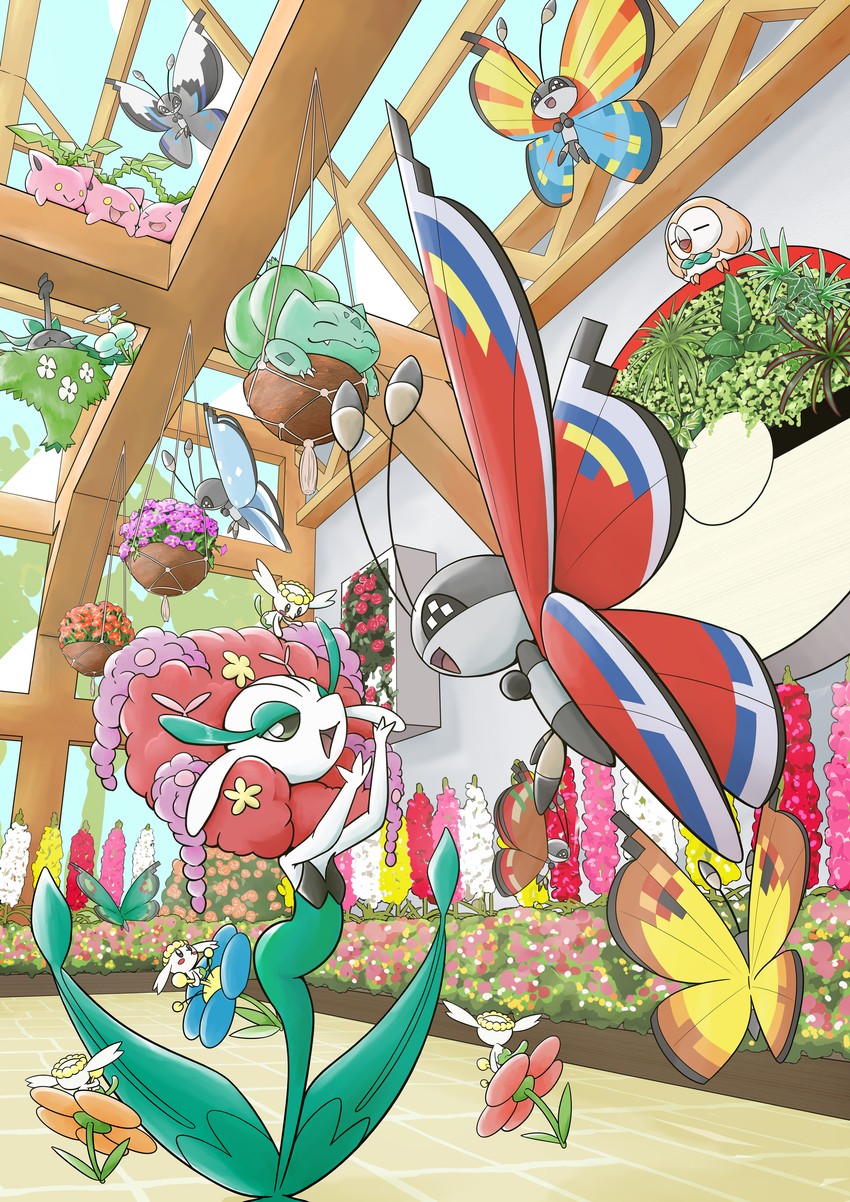 rowlet, bulbasaur, hoppip, vivillon, flabebe, and 15 more (pokemon) drawn by q-chan