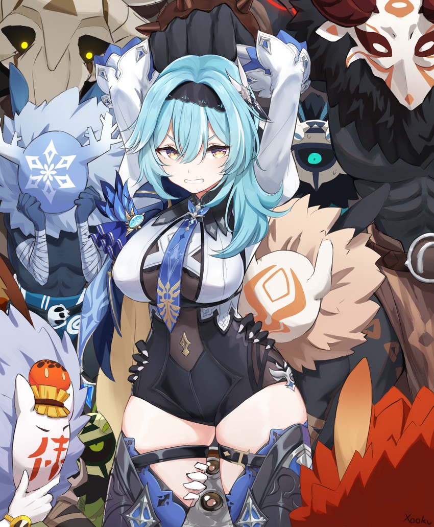 eula, slime, hilichurl, mitachurl, and unusual hilichurl (genshin impact) drawn by xooku