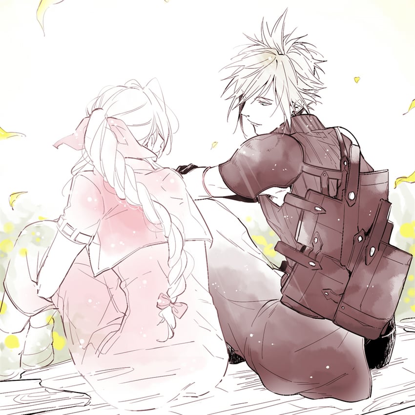 cloud strife and aerith gainsborough (final fantasy and 2 more) drawn by nkn589